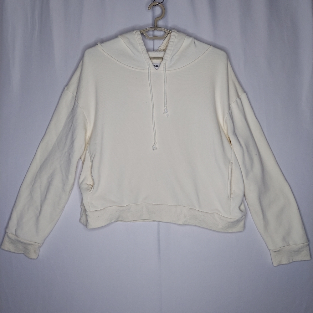 The Label Cropped Hoodie Women 2X Cream Fleece Long Sleeve Pocket‎ Drawstring
